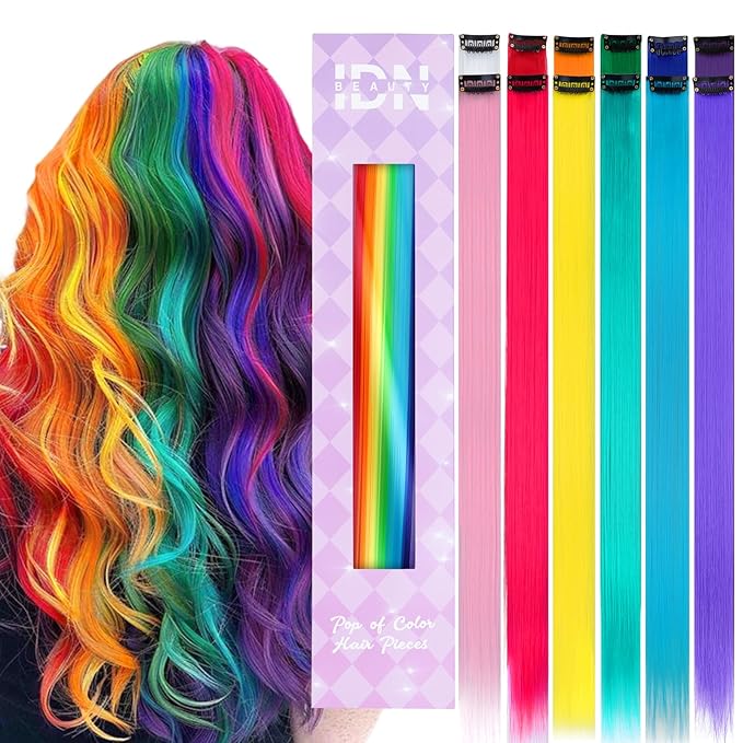 IDN BEAUTY Colored Clip in Hair Extension, 12PCS Rainbow 24Inch Invisible Clip Straight Synthetic Hair Pieces for Women, Hair Accessories for Party Cosplay Travel Birthday