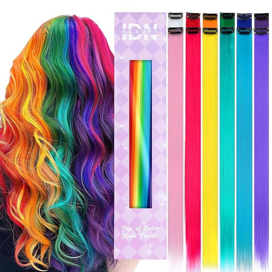 IDN BEAUTY Colored Clip in Hair Extension, 12PCS Rainbow 24Inch Invisible Clip Straight Synthetic Hair Pieces for Women, Hair Accessories for Party Cosplay Travel Birthday