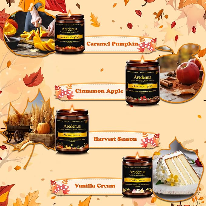 Fall Candles Set – 4 Pack Cozy Autumn Seasonal Candles Gift - Caramel Pumpkin, Cinnamon Apple, Harvest Season & Vanilla Cream, 28oz Soy Candles for Christmas Cozy Winter Gifting