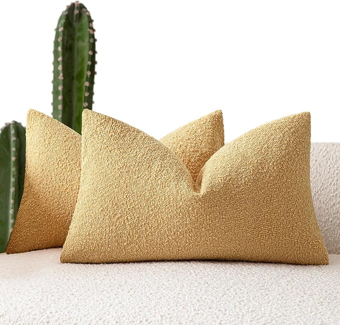 Foindtower Pack of 2 Textured Boucle Throw Pillow Covers Accent Solid Decorative Lumbar Pillow Cases Cozy Couch Cushion Case for Chair Sofa Bedroom Living Room Home Decor 12x20 Inch Light Yellow