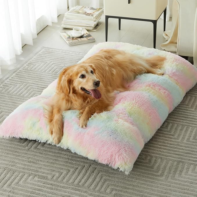 BFPETHOME Dog beds for Large Dogs, Plush Crate Bed with Fluffy Cozy Kennel pad, Washable Mats with Anti-Slip Bottom for Large Dogs, 41"x27", Rainbow