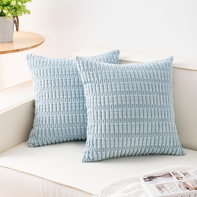 Pack of 2 Corduroy Decorative Throw Pillow Covers 22x22 Inch, Sky Blue | Fall Soft Striped Pillow Covers Modern Farmhouse Home Decor Christmas Throw Pillow Covers for Sofa Living Room Couch Bed