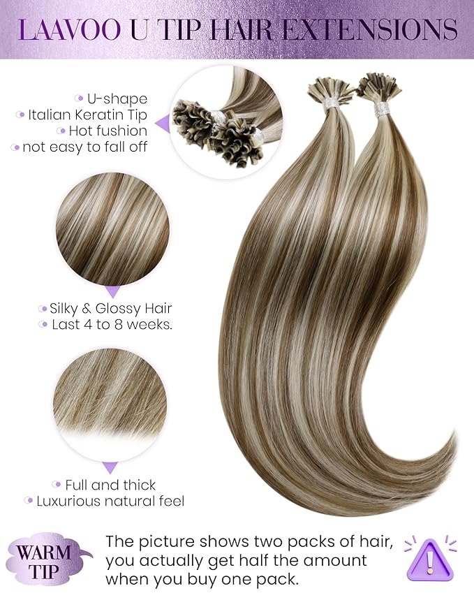 LaaVoo K Tip Hair Extensions Real Human Hair Highlight Brown Utip Hair Extensions Human Hair Light Brown and Golden Blonde Ktip Human Hair Extensions Short Straight 50s 50g 16 inch