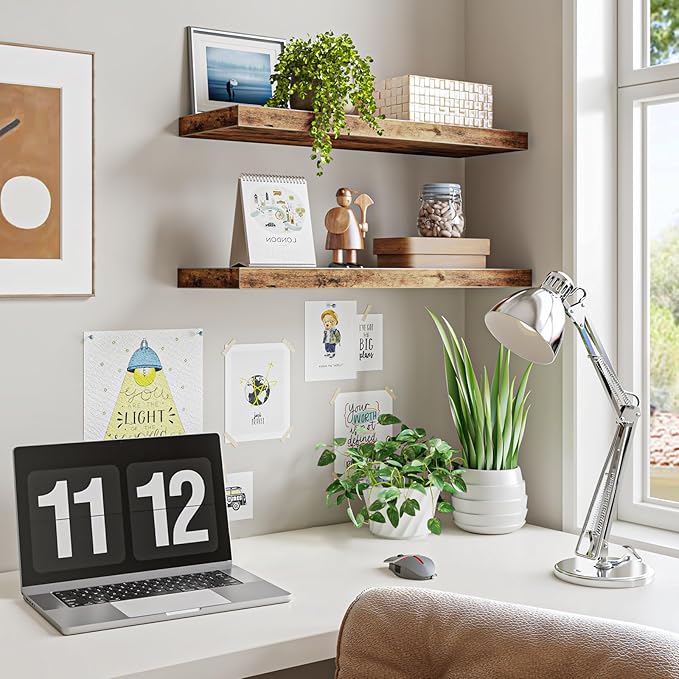 Fixwal Floating Wall Shelves for Decor (Rustic Brown, Set of 2, 22Inch) | MDF Shelf with Metal Brackets, Space Saving for Books , Decor, Fits Bathroom, Kitchen, Bedroom, or Office