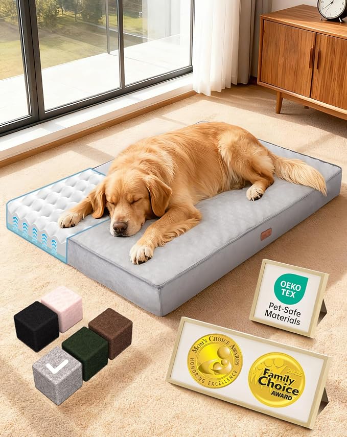 OhGeni Orthopedic Waterproof Large Dog Bed, Memory Foam, 41 inch(Gray) | Machine-Washable Removable Cover in Easy-Clean Fabric, Reversible Memory Foam & Easy-Carry Handle, Suitable for Crate