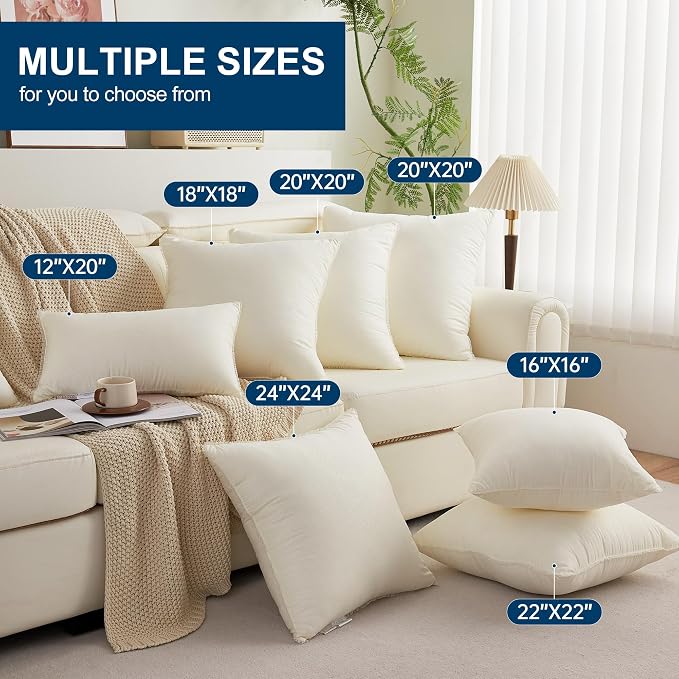 22 x 22 Throw Pillow Inserts with Lace Edge | Soft and Plush, Virgin Fiber Filling, Decorative Pillows for Couch Sofa Bed, Machine Washable - White, Pack of 2
