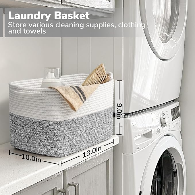 Goodpick Woven Storage Basket for Shelves, 13" x 10" x 9", Gray & White | Stylish Gift Basket for Home Decor, Cotton Rope Baskets for Toys, Towels & Shoes Storage, Closet & Shelf Organization
