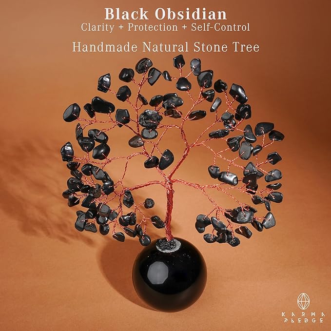 Black Obsidian Crystal Tree of Life Birthday Gifts for Women, Handmade Home Decor, Office, Room Decoration, Reiki Healing Crystal Chakra Tree for Money, Positivity, Good Luck Gifts for Her, Mom & Dad