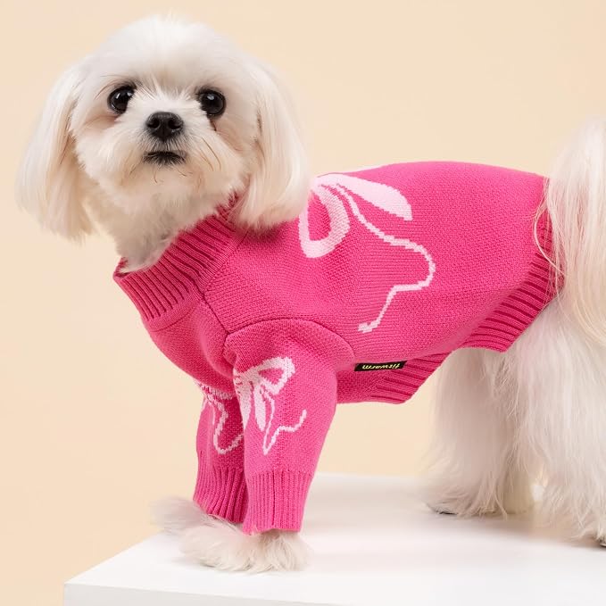 Fitwarm Bowknot Valentines Dog Sweater, Thermal Dog Winter Clothes for Small Dogs Girl, Charming Dog Valentines Outfit, Doggy Pullover Jumper, Holiday Pet Apparel, Pink, Large