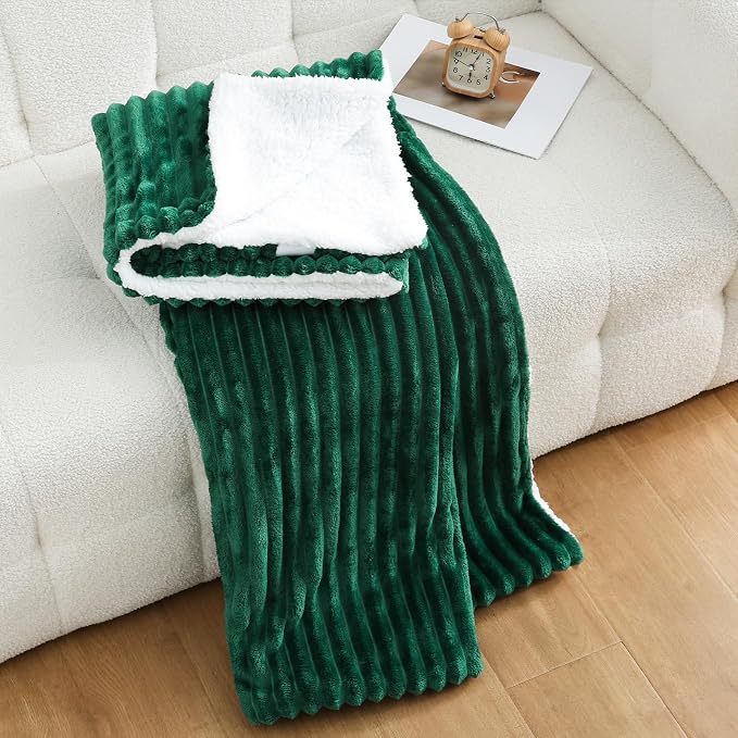 Green Sherpa Fleece Throw Blanket 108”×90”for Couch Sofa | Double Side Soft Fuzzy Cozy Plush Thick Flannel Blanket with Striped Design Gift for Adults,Woman