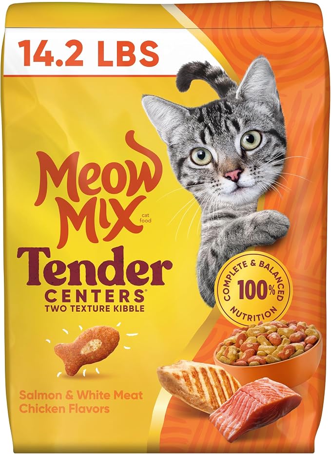 Meow Mix Tender Centers Salmon & White Meat Chicken Flavors, Dry Cat Food, 14.2 lb. Bag | Dry cat food with two texture kibble, meaty center surrounded by a crunchy outer layer.