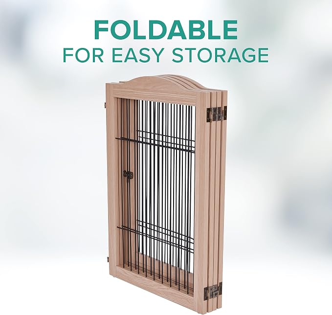 Arf Pets Dog Gate with Walk Through Door, 4 Panel 360° configurable Freestanding Wooden Wire Fence, 80" Wide, 31.5" Tall, Foldable, Support Feet Included, for The House - Indoor Use