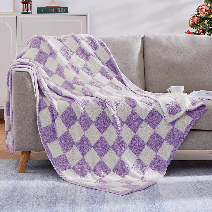 Soft Checkered Throw Blanket for Couch-Cozy Warm Knitted Blankets | Lightweight Warm Fluffy Decor for Women, Mom, Her & Girls, Sofa, Chair, Bed, 50x70in, Purple