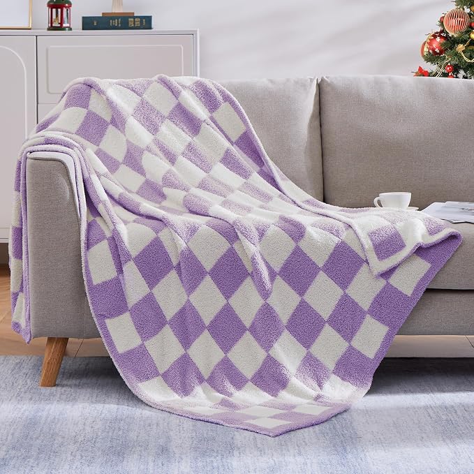 Soft Twin Size Checkered Blanket for Bed-Cozy Knitted Blankets | Lightweight Fluffy Warm Decor for Women, Mom, Her & Girls, Sofa, Chair, Couch, 60x80in,Purple