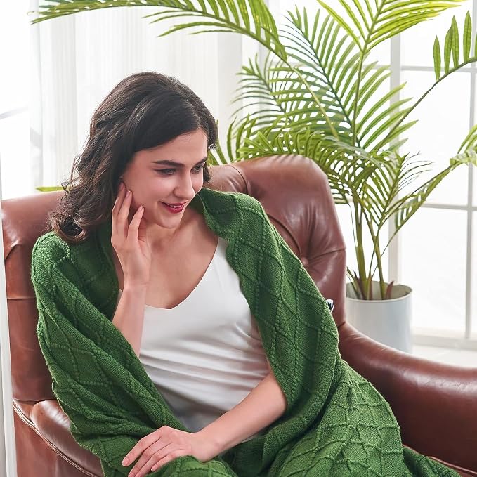 inhand Green Knitted Throw Blanket for Couch and Bed, 50"x60" | Throws for Her or Him, Soft Farmhouse Woven Blanket, Tassel, Lightweight Decorative, Cozy Knit, Warm Living Room Home Decor