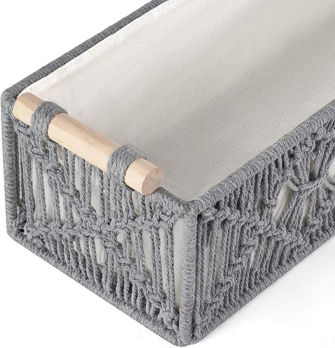 Mkono 2Pc Macrame Storage Basket, Boho Decor Toilet Paper Holder, Grey | Small Baskets for Organizing, Hand-Woven, Bohemian Beach Coastal Decor, Shelf Vanity Cabinet Bedroom Living Room Office Dorm