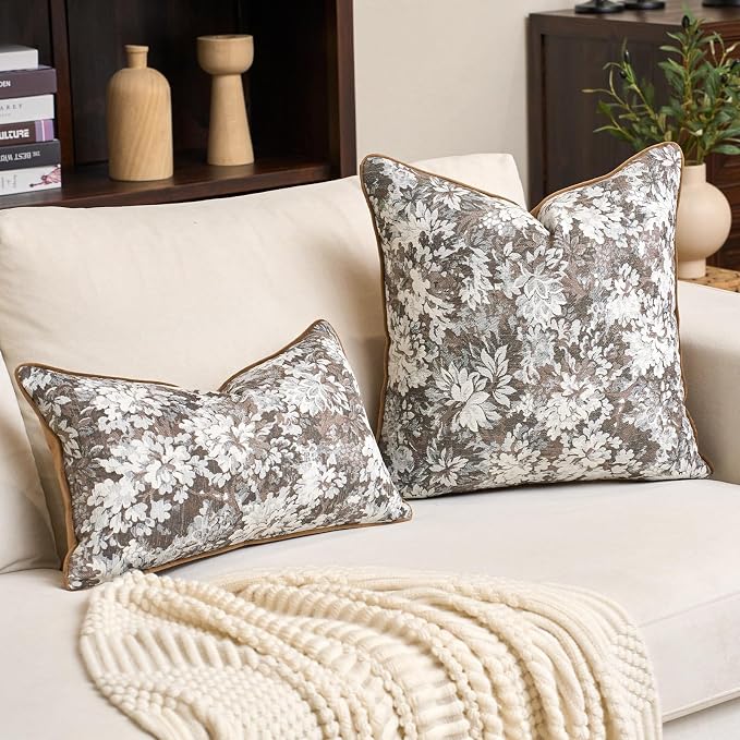 Alerfa Brown Neutral Floral Pillow Cover 12 x 20 Inch, Vintage Chenille Rectangle Couch Pillow Cover Soft Decorative Farmhouse Accent Pillowcase for Living Room Bedroom