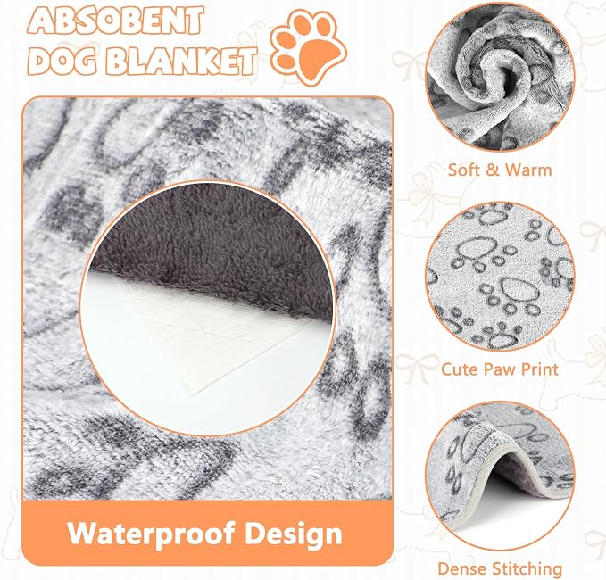 YUEPET Waterproof Dog Blankets, 2 Pack Washable Puppy Blankets 30 x 20 in | Grey Paw Print Pair, Reversible Fleece Throw, Heat-Reflective Mylar, Bed/Sofa/Car Protection, Small/Medium Dogs and Cats