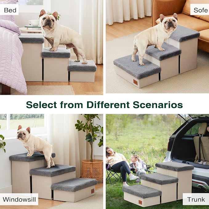 Love's cabin Dog Stairs for High Bed, Foldable Pet Stairs for Small Medium or Large Dogs Puppy with Storage for Bed or Couch, Cat Dog Steps Ramp with Zip up to 200 lbs, Grey, 3 Steps