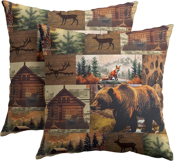 Kawani Cabin Bear Throw Pillow Covers 16x16 Inches - Set of 2 Rustic Lodge Wild Animals Deer Cotton Linen Square Decorative Pillowcase Cushion Case for Couch Home Living Room Decor