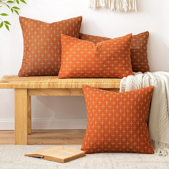MIULEE Pack of 2 Decorative Burlap Linen Throw Pillow Covers Modern Farmhouse Pillowcase Rustic Woven Textured Cushion Cover for Sofa Couch Bed 24x24 Inch Burnt Orange