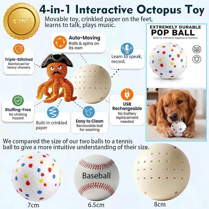 2026 Interactive Dog Toys, Self Moving Octopus Dog Toy Set with 2 Balls - Automatic Wobble Ball & Durable Chew Ball, 4-in-1 Squeaky Plush Enrichment Toy to Keep Them Busy for Medium Large Dogs