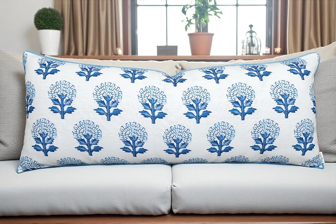 Marigold Floral Print 14x36 Extra Long Lumbar Pillow Cover, Blue | Blue marigold floral on off-white slub, blue piping; both sides printed; hidden zip; ext; cover only