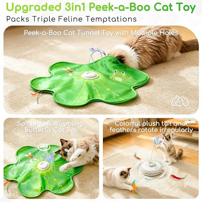 Interactive Cat Toys, Rechargeable with Auto Play and Bird Chirps | 3-in-1 hide and seek mat with fluttering butterfly, moving feather and plush tail, Perfect for indoor adult cats and kittens