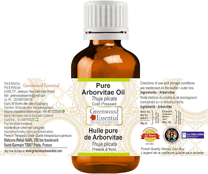 Greenwood Essential Pure Arborvitae Oil (Thuja plicata) Natural Therapeutic Grade Cold Pressed 15ml (0.50 oz)