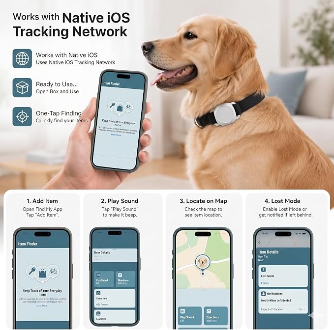 GPS Dog Collar Tracker - Pet GPS Tracker Works with iOS Devices (No App Needed), Lightweight Dog GPS Tracker, GPS Dog Collar No Monthly Fee with Long Battery & Cat GPS Collar (Black)