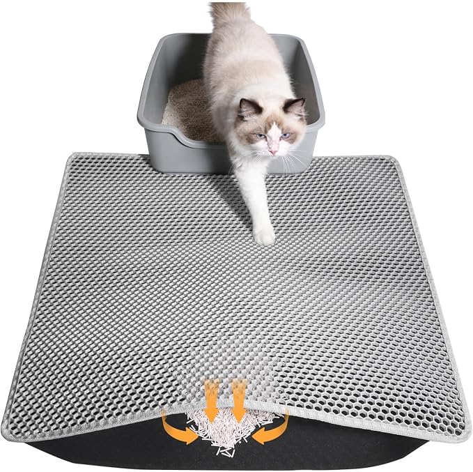 Cat Litter Mat 30"x24", Double Layer Waterproof Litterbox Mat, Gray | Non-slip backing, washable for easy cleanup, traps stray litter with waterproof honeycomb large grid that is urine-proof.