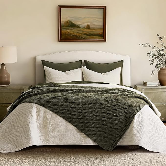 EVERGRACEHOME Modern Checkered Chenille Throw Blanket, 60x80, Olive Green | Lightweight Warmth, All-Season Breathability, OEKO-TEX certified, Timeless Grid Pattern, Farmhouse Throw for Couch, Bed, Sofa