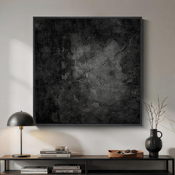 Large Framed Black Abstract Wall Art, Modern Square Canvas Painting Artwork for Walls, Minimalist Dark Moody Pictures for Living Room Bedroom Dining Room Hallway Office Wall Decor, 36x36 In