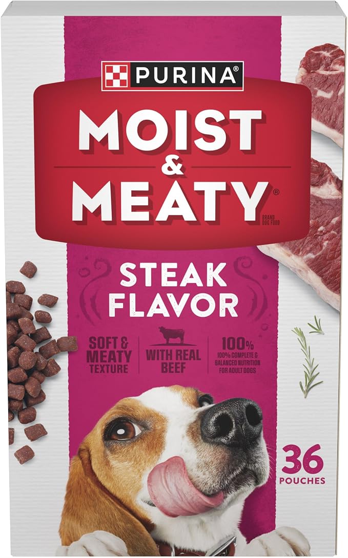 Purina Moist & Meaty Soft Dog Food Pouches, 36 ct | Steak Flavor adult dog food, made with real beef, individual pouches, no-mess meal or tasty treat