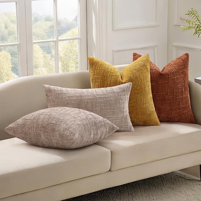 decorUhome Textured Chenille Throw Pillow Covers 26x26 Set of 2 Rust | Fall Modern Farmhouse Soft Cozy Slubby Couch Pillow Cases Boho Decorative Pillow Cases for Bed Sofa Living Room Home Decor
