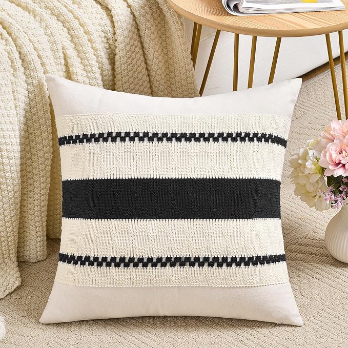 Fancy Homi Set of 2 Boho Black Euro Decorative Throw Pillow Cover 26x26 Inch for Couch Bed Bedroom, Aesthetic Modern Organic Farmhouse Room Decor, Soft Cotton Accent Macrame Woven Cushion Case