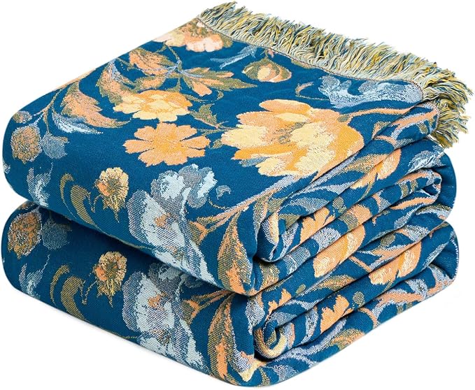LUTBM Boho Throw Blanket for Bed 60"x80", All Season Cotton Couch Blankets | Blue Reversible Floral Birds Jacquard, Soft All-Season Twin Lightweight Quilt, For Chair Sofa Bedroom Living Room, Home Decor