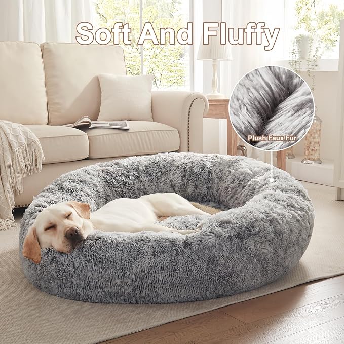 45 in Faux Fur Fluffy Donut Dog Bed for Extra Large Dogs,Dark Grey | Calming Plush Round Jumbo Pet Bed with Removable & Washable Cover,Fits up to 120 lbs Pets