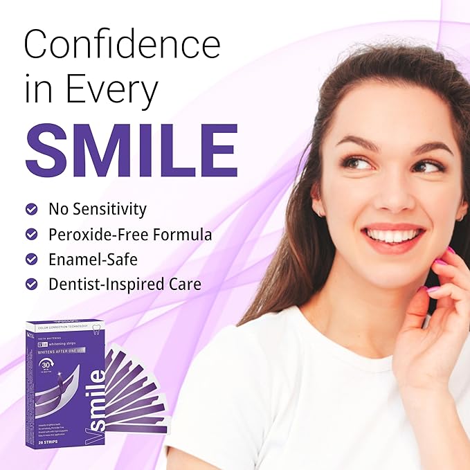VSmile V38 Teeth Whitening Strips, 28 Count – Peroxide-Free Purple Color Correcting Teeth Whitener Strips with Pap+ & Hydroxyapatite, Enamel Safe, No Sensitivity