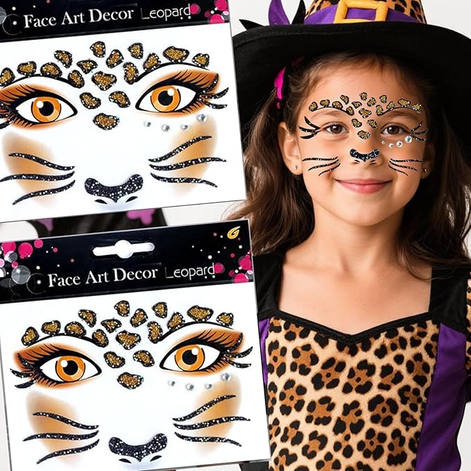 Leopard Face Tattoo Stickers Tiger Lion, Leopard Print Cat Face Gems for Women Party Birthday Cosplay Face Temporary Tattoo for Makeup 2 sheets