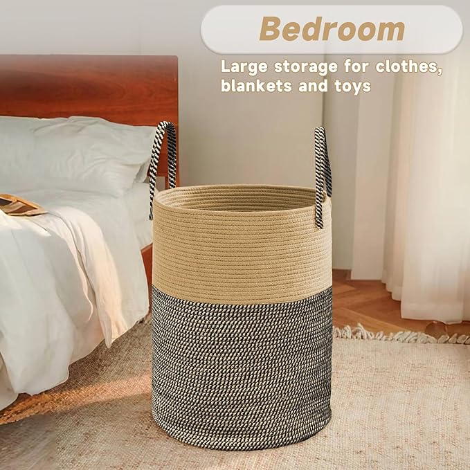 JMvicyroam 100L Cotton Rope Laundry Basket Hamper, Brown and Black | Collapsible laundry basket, reinforced handles, freestanding, machine washable, holds 3-5 thick blankets, clothes or toys