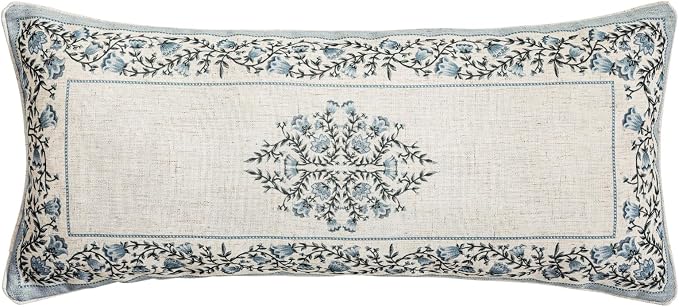 Designer Vintage Linen Throw Pillow Cover,28"x12"-Segerman A | Elegant Chinoiserie Rectangle Pillow Cover,Concealed Zipper Design,Floral Pattern,Sofas,Bedroom,Living Room,Lounge Chairs