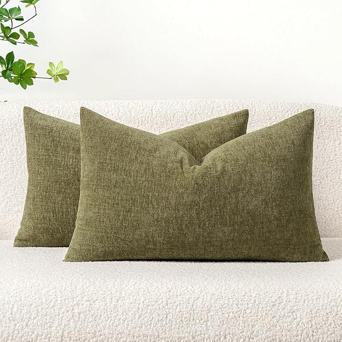 MIULEE Soft Chenille Lumbar Throw Pillow Covers Olive Green 12x20 Inch | Pack of 2, Modern Decor, Classic Decorative Pillows, Solid Dyed Cases, Boho Couch Cushion Covers for Sofa Bed Living Room