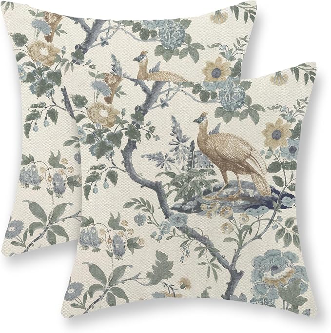 Chinoiserie Pillow Covers 20x20 Set of 2 Blue Bird Floral Throw Pillows Vintage Blue Green Flowers Decorations Outdoor Pillowcase Chinoiserie Decor Farmhouse Cushion Case for Couch Home