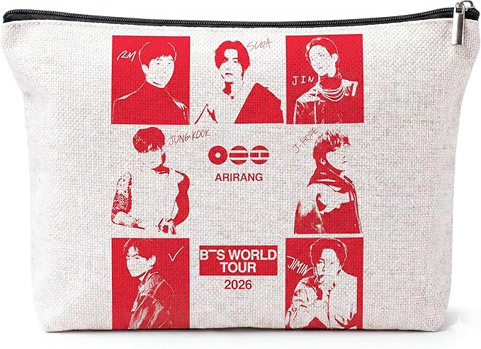 K-Pop Inspired Makeup Bag Red White, Cute Cosmetic Pouch with Zipper, Travel Organizer for Concert, School, Gym, Gifts for Fans