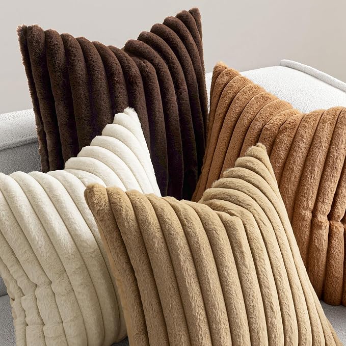 MIULEE Faux Fur Plush Decorative Throw Pillow Covers 18x18, Brown | Set of 4, Fall, Striped, Soft Boho Farmhouse Rustic Home Decor, Cushion Cases for Sofa Couch Bed Living Room