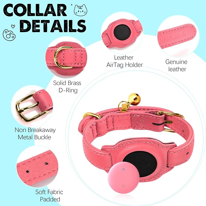 Cat Tracker, GPS Pet Tracker for Cats (Only iOS), Leather Cat Collar with Tracker, Works with Any Collar, No Monthly Fee, Compatible with Apple Find My App not for Android (Pink)