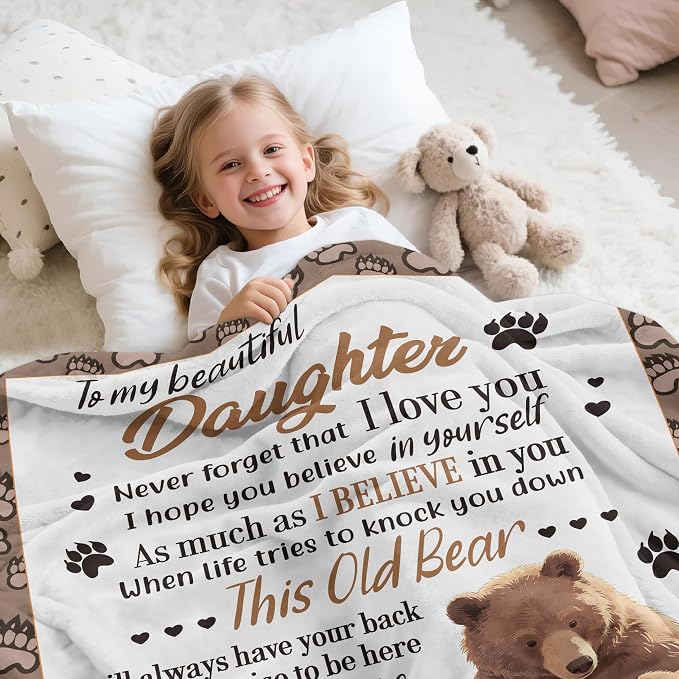 UFOORO Throw Blanket Daughter Gifts, Bear Hug Soft Fleece Blanket, Heartfelt Gift from Father to Daughter, Sweet Best Gifts for Adult Daughters Birthday Christmas Valentine's Day 55"X70"
