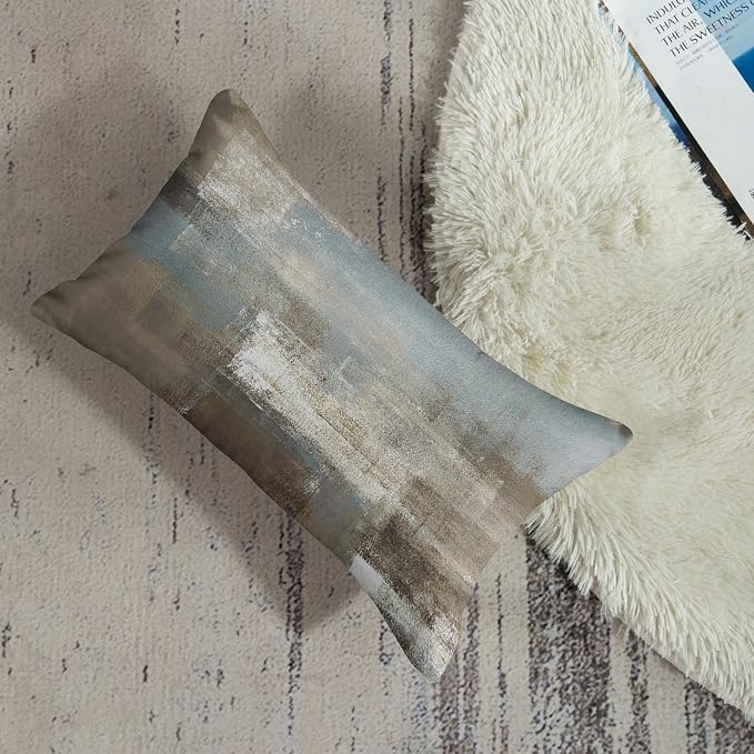 Throw Pillow Covers Set of 2, 12 x 20 Inch, Grey Beige Teal | Abstract Modern Art Outdoor Decorative Square Pillow Cases Couch Cushion Case for Couch Bed Sofa Living Room Home Decor