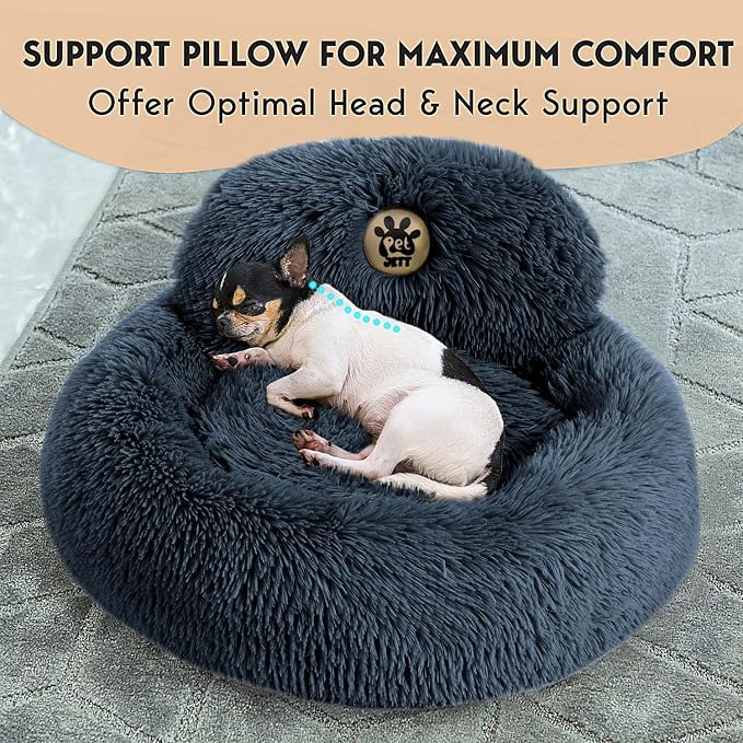 PetJett Small Dog Bed - 23'' Round Dog Beds, Calming Puppy Bed - Washable Dog Bed - Anti-Slip, Super Soft Fluffy Plush Faux Fur Pet Bed, Anti-Anxiety Premium Comfort Donut Bed, Fits Dogs Upto 25 lbs